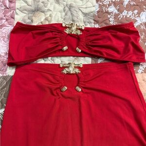 Fashion Nova Red Two-Piece Skirt Set with Gold Hardware
